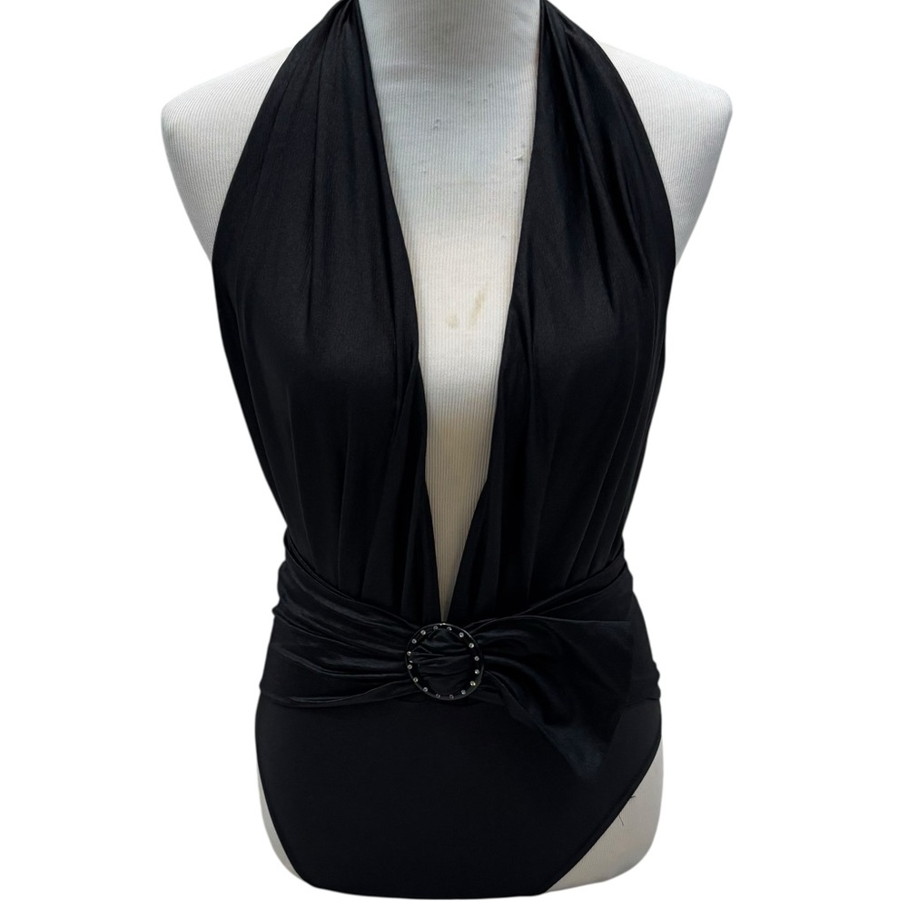 RARE Jean Louis Scherrer Paris Brand Plunge Neckline Belted Swim Suit Black 42‎